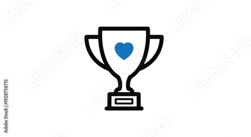 A simple black line icon of a trophy with a blue heart