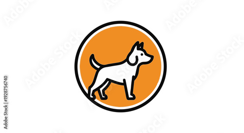 A white dog standing on an orange circular background with black outline