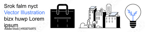 Renewable energy, urban sustainability, eco-technology, business strategy, modern architecture, environmental design. A black briefcase, solar-panel buildings and a bulb with a tree. Sustainable