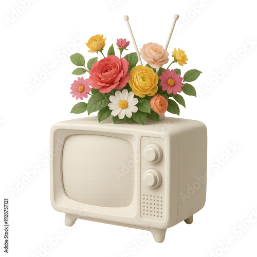 PNG Retro TV with blooming flowers