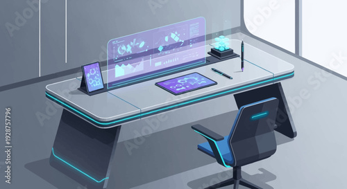 Modern office workspace illustration with digital devices and minimalist design