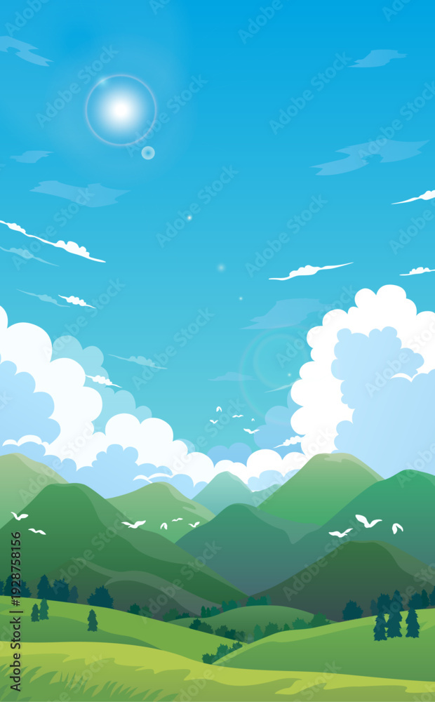 Fototapeta premium 山並みと青空と雲のイラスト_縦