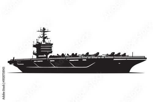 Aircraft Carrier Silhouette Side View, Vector Illustration, Isolated on White Background