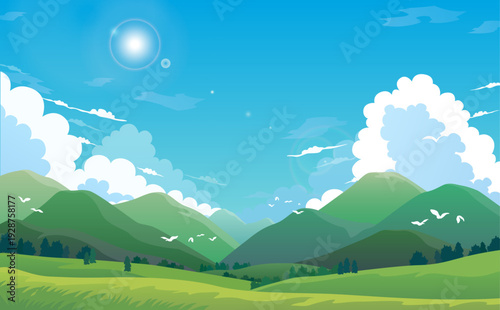 山並みと青空と雲のイラスト_横