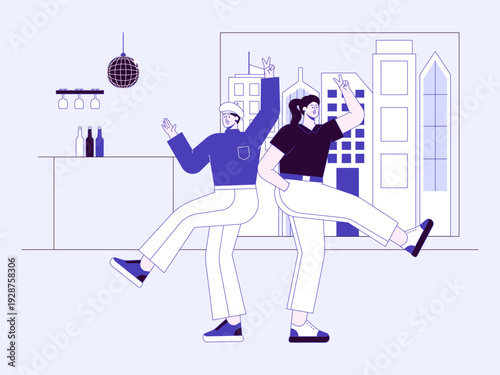 Two friends posing and dancing together happily. City life illustrations. Flat vector concepts.