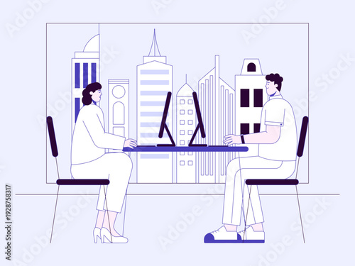 Two professional individuals are having a meeting at a desk in the office. City life illustrations. Flat vector concepts.