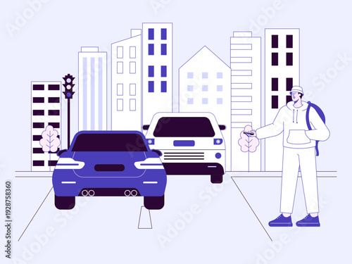 A stylized urban environment with traffic, buildings, and a pedestrian showcasing a car driving in a city street. City life illustrations. Flat vector concepts.