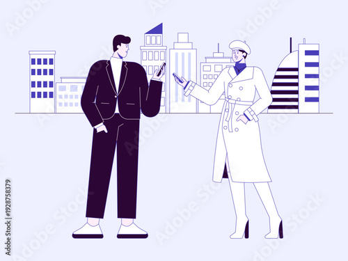 Business communication or modern technology depicting a professional man and woman in a city setting. City life illustrations. Flat vector concepts.