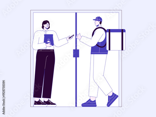 Modern delivery service interactions feature a courier handing a package to a recipient holding a tablet. City life illustrations. Flat vector concepts.