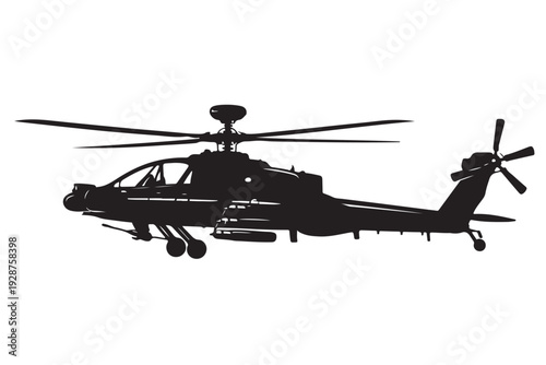 Military Helicopter Silhouette Side View, Vector Illustration, Isolated on White Background