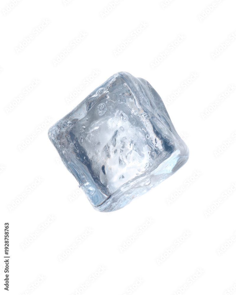 Obraz premium A Single Clear Acrylic Ice Cube Prop with a Transparent Background and Subtle Imperfections. Cutout Element Digital Design Asset
