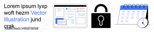Data protection, online scheduling, interface design, secure systems, productivity, technology solutions. a lock, digital form and calendar. Data protection and online scheduling concept