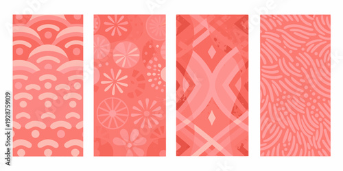 Four vertical panels showcase various red abstract patterns a vibrant and decorative design