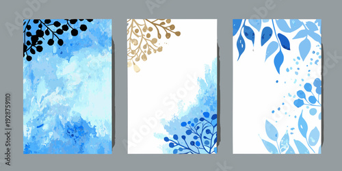 Three vertical banners with watercolor floral designs in blue black and gold tones