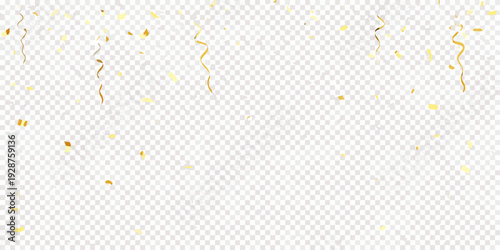Golden confetti and streamers falling on a transparent background festive celebration