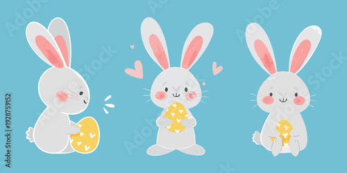 Three cute cartoon bunnies with hearts and eggs on a light blue background
