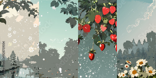 Abstract illustration depicting strawberries foliage flowers and a blurred landscape in a pastel color palette