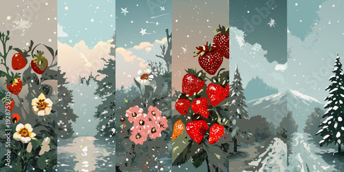 Abstract winter landscape with strawberries flowers trees and snow covered mountains in vertical panels