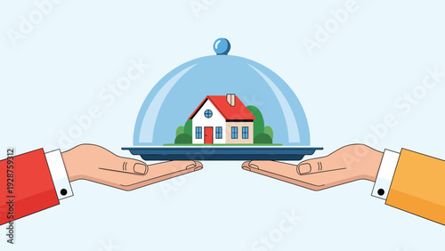 Protective hands hold a silver tray presenting a small house safely tucked under a transparent glass dome for security.
