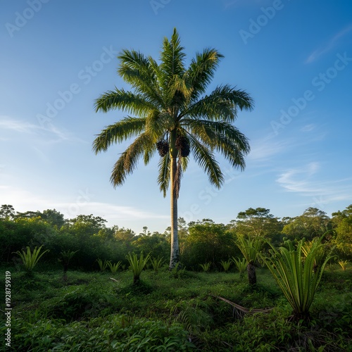 Wallpaper Mural Palm tree with dark fruit clusters rises majestically from a field of green plants surrounded by lush tropical forest under a bright blue sky Torontodigital.ca