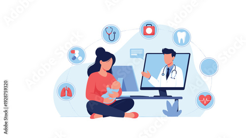 Mother holding a baby consults a professional doctor through a virtual medical portal on her home computer screen.