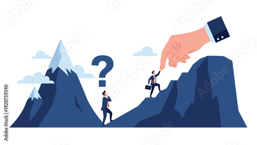 Giant hand assists a businessman climbing a steep mountain while another professional observes the mentorship process.