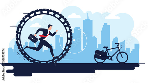 Businessman runs inside a giant gear hamster wheel while a bicycle sits idle representing the cycle of corporate work.