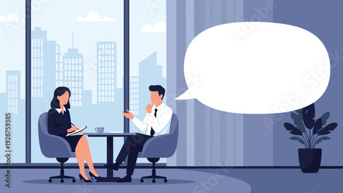 Professional man and woman have a serious conversation in a modern office with a blank speech bubble for communication.