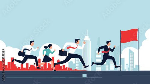 Ambitious business team races towards a red finish line flag with a city skyline in the background to achieve success.
