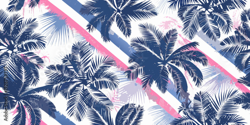 Tropical palm leaves and diagonal stripes create a vibrant and breezy summer pattern design