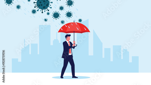 Businessman holds a red umbrella to protect himself from falling virus particles in front of a city skyline backdrop.