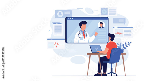 Man sits at a desk and consults with a doctor through a video call on a laptop screen for remote medical assistance.