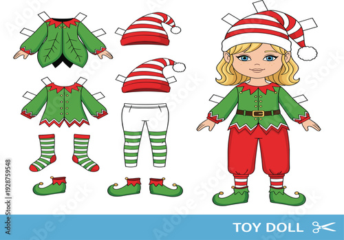 Christmas elf paper doll with clothes set, cute holiday toy character vector illustration for kids craft, printable cut and dress activity design