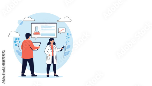 Professional scientists in white lab coats discuss research data on a tablet in front of a chemical experiment icon.