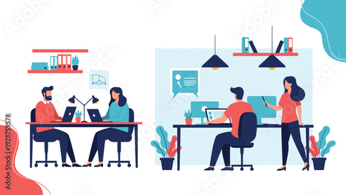 Group of people work collaboratively in a modern office space with laptops and computer monitors for business growth.