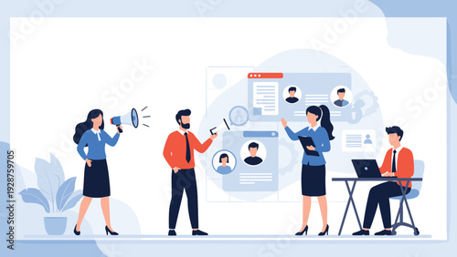 Recruitment experts use a megaphone and tablets to find the best candidates among various digital job profiles.