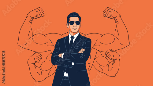 Confident businessman stands with arms crossed while multiple strong muscular arms appear behind him for power.
