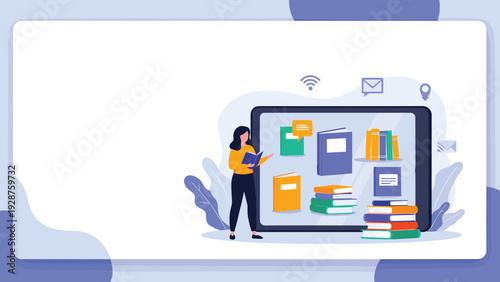 Female student studies with a giant tablet and stacks of books for online education and remote learning success.