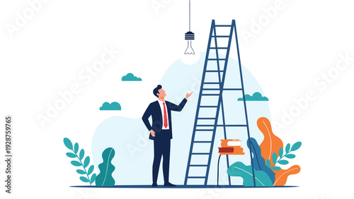 Motivated businessman in a formal suit stands next to a tall ladder looking up at a bright hanging lightbulb for inspiration.