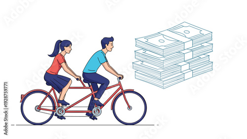 Young man and woman riding tandem bicycle together with a large stack of banknotes appearing in the white background.