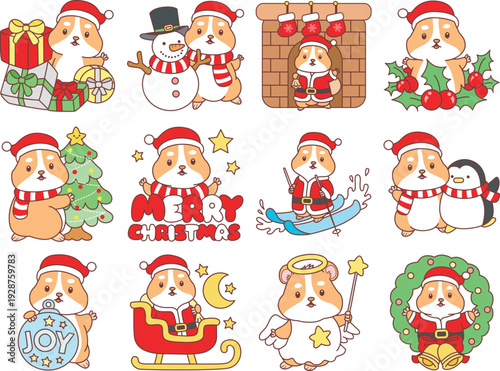 Cute christmas set of hamster sticker with activity. Hamster 