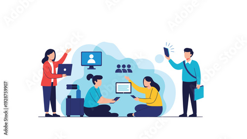 Diverse group of people sitting and standing together using various digital devices within a large blue cloud-shaped space.