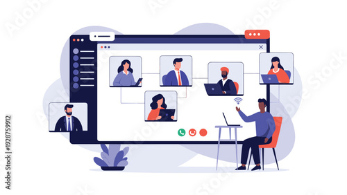 Digital video conference screen interface showing multiple diverse participants in individual windows during an online meeting.