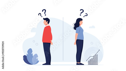 Man and woman stand back-to-back with question marks above them while observing different types of data and line graphs.