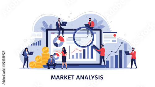 Large group of professional business people working together around a giant laptop screen displaying market analysis charts.