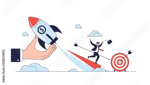 Giant hand launches a space rocket with a dollar sign toward a red target while a businessman runs along the exhaust trail.
