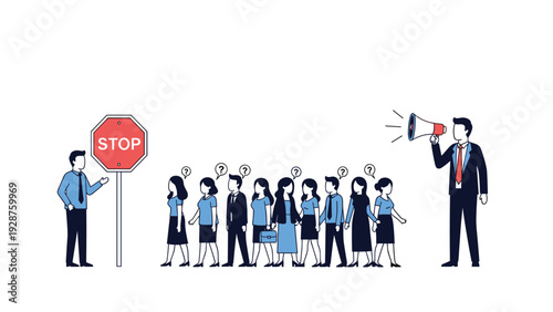 Man holding a stop sign blocks a queue of diverse people while another man at the back shouts through a megaphone device.