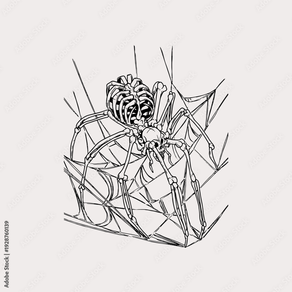 Fototapeta premium Creepy skeleton spider in web illustration