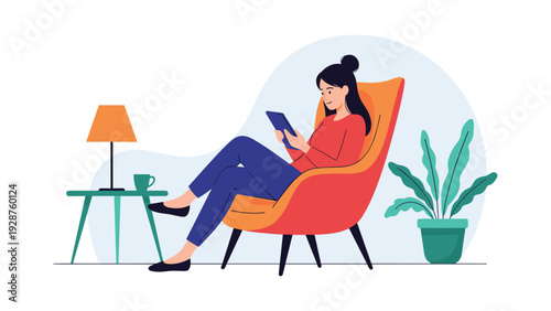 Relaxed woman sitting in a comfortable orange armchair at home while reading information on a blue digital tablet device.