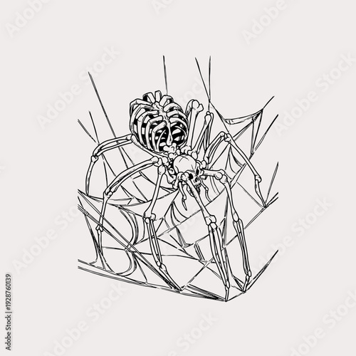 Creepy skeleton spider in web illustration